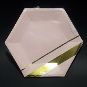 PLATO HEXAGONAL ROSADO Y DORADO 18CM