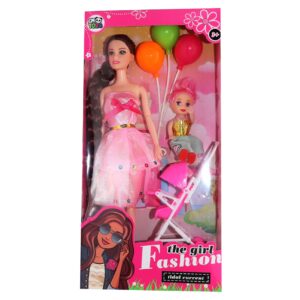 Muñeca Vestido Rosa Coche Niña Globos